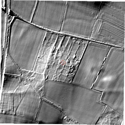 Shaded relief map of the ground around LE72BB, computed from Environment Agency LiDAR. The ground here sits at about 62 m above sea level and falls 12 m across the surrounding 800 m. Surface water reaching this point runs off ground lying to the south-south-east, 2.8 m higher.