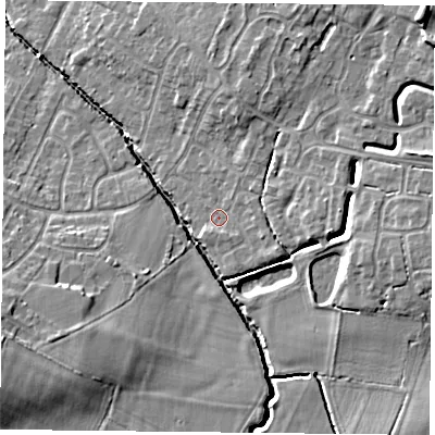 Shaded relief map of the ground around LE72BY, computed from Environment Agency LiDAR. The ground here sits at about 57 m above sea level and falls 11 m across the surrounding 800 m. Surface water reaching this point runs off ground lying to the east-south-east, 1.8 m higher.