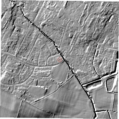 Shaded relief map of the ground around LE72BZ, computed from Environment Agency LiDAR. The ground here sits at about 57 m above sea level and falls 13 m across the surrounding 800 m. Surface water reaching this point runs off ground lying to the south-east, 0.6 m higher.