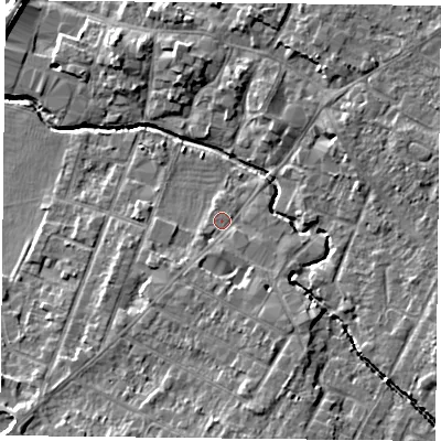 Shaded relief map of the ground around LE72HB, computed from Environment Agency LiDAR. The ground here sits at about 53 m above sea level and falls 9 m across the surrounding 800 m. Surface water reaching this point runs off ground lying to the south-south-west, 2.2 m higher.