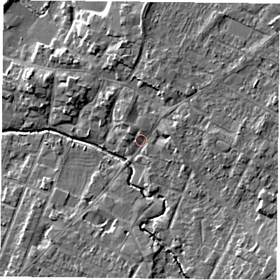 Shaded relief map of the ground around LE72HD, computed from Environment Agency LiDAR. The ground here sits at about 54 m above sea level and falls 9 m across the surrounding 800 m. Surface water reaching this point runs off ground lying to the east, 4.7 m higher.