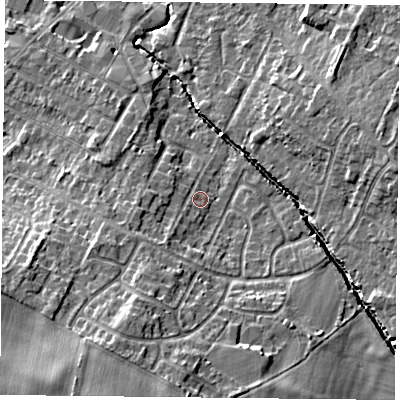 Shaded relief map of the ground around LE72JF, computed from Environment Agency LiDAR. The ground here sits at about 56 m above sea level and falls 12 m across the surrounding 800 m. Surface water reaching this point runs off ground lying to the south-south-west, 6.7 m higher.
