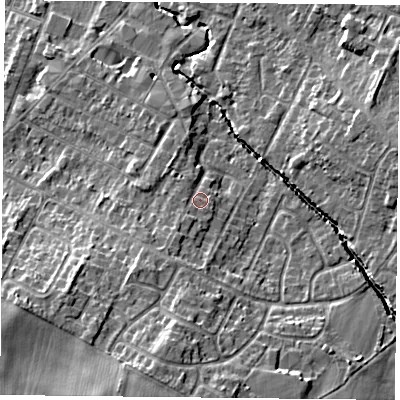 Shaded relief map of the ground around LE72JP, computed from Environment Agency LiDAR. The ground here sits at about 57 m above sea level and falls 12 m across the surrounding 800 m. Surface water reaching this point runs off ground lying to the south-south-west, 2.8 m higher.