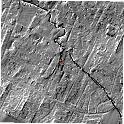 Shaded relief map of the ground around LE72LA, computed from Environment Agency LiDAR. The ground here sits at about 55 m above sea level and falls 12 m across the surrounding 800 m. Surface water reaching this point runs off ground lying to the south, 7.9 m higher.