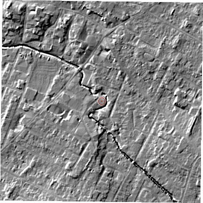 Shaded relief map of the ground around LE72LE, computed from Environment Agency LiDAR. The ground here sits at about 53 m above sea level and falls 9 m across the surrounding 800 m. Surface water reaching this point runs off ground lying to the east-south-east, 7.3 m higher.