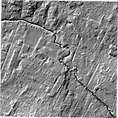 Shaded relief map of the ground around LE72LF, computed from Environment Agency LiDAR. The ground here sits at about 54 m above sea level and falls 10 m across the surrounding 800 m. Surface water reaching this point runs off ground lying to the south, 7.3 m higher.