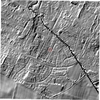 Shaded relief map of the ground around LE72LH, computed from Environment Agency LiDAR. The ground here sits at about 55 m above sea level and falls 12 m across the surrounding 800 m. Surface water reaching this point runs off ground lying to the south-south-west, 8.8 m higher.