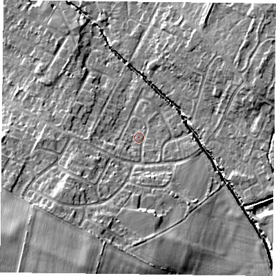 Shaded relief map of the ground around LE72LJ, computed from Environment Agency LiDAR. The ground here sits at about 56 m above sea level and falls 13 m across the surrounding 800 m. Surface water reaching this point runs off ground lying to the south-south-west, 9.2 m higher.