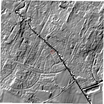 Shaded relief map of the ground around LE72LL, computed from Environment Agency LiDAR. The ground here sits at about 56 m above sea level and falls 12 m across the surrounding 800 m. Surface water reaching this point runs off ground lying to the south, 8.9 m higher.
