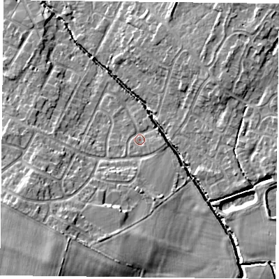 Shaded relief map of the ground around LE72LN, computed from Environment Agency LiDAR. The ground here sits at about 56 m above sea level and falls 13 m across the surrounding 800 m. Surface water reaching this point runs off ground lying to the south-west, 8.9 m higher.