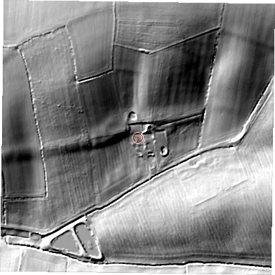 Shaded relief map of the ground around LE73BH, computed from Environment Agency LiDAR. The ground here sits at about 100 m above sea level and falls 38 m across the surrounding 800 m. Surface water reaching this point runs off ground lying to the north-north-east, 23.9 m higher.
