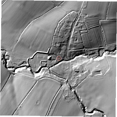 Shaded relief map of the ground around LE73BL, computed from Environment Agency LiDAR. The ground here sits at about 83 m above sea level and falls 24 m across the surrounding 800 m. Surface water reaching this point runs off ground lying to the north-east, 22.1 m higher.