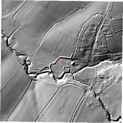 Shaded relief map of the ground around LE73BQ, computed from Environment Agency LiDAR. The ground here sits at about 82 m above sea level and falls 25 m across the surrounding 800 m. Surface water reaching this point runs off ground lying to the east-north-east, 4.7 m higher.