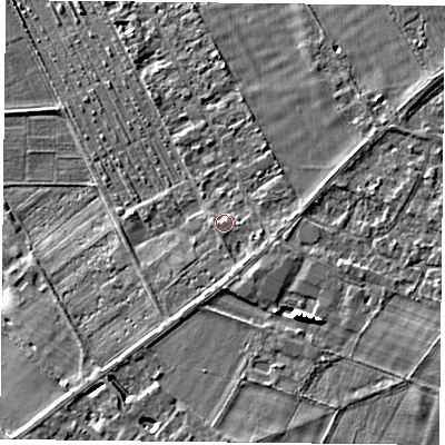 Shaded relief map of the ground around LE73FN, computed from Environment Agency LiDAR. The ground here sits at about 55 m above sea level and falls 8 m across the surrounding 800 m. Surface water reaching this point runs off ground lying to the south, 2.3 m higher.