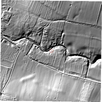 Shaded relief map of the ground around LE73QD, computed from Environment Agency LiDAR. The ground here sits at about 66 m above sea level and falls 22 m across the surrounding 800 m. Surface water reaching this point runs off ground lying to the south-east, 21.0 m higher.