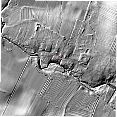 Shaded relief map of the ground around LE73QG, computed from Environment Agency LiDAR. The ground here sits at about 65 m above sea level and falls 17 m across the surrounding 800 m. Surface water reaching this point runs off ground lying to the north-east, 2.3 m higher.