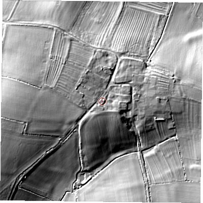 Shaded relief map of the ground around LE73QH, computed from Environment Agency LiDAR. The ground here sits at about 83 m above sea level and falls 20 m across the surrounding 800 m. Surface water reaching this point runs off ground lying to the south-east, 2.4 m higher.