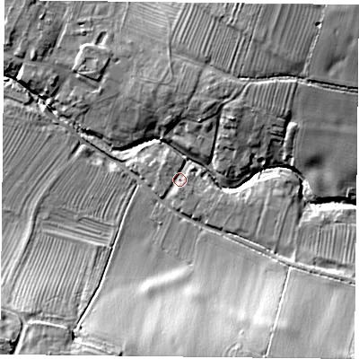 Shaded relief map of the ground around LE73QL, computed from Environment Agency LiDAR. The ground here sits at about 66 m above sea level and falls 22 m across the surrounding 800 m. Surface water reaching this point runs off ground lying to the south-south-west, 2.4 m higher.