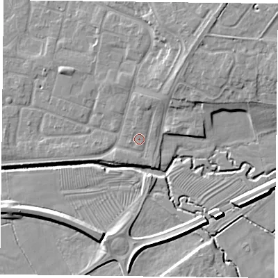 Shaded relief map of the ground around LE73QR, computed from Environment Agency LiDAR. The ground here sits at about 56 m above sea level and falls 11 m across the surrounding 800 m. Surface water reaching this point runs off ground lying to the north-north-east, 2.6 m higher.