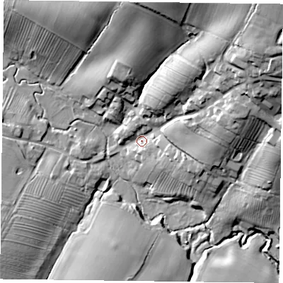 Shaded relief map of the ground around LE73RL, computed from Environment Agency LiDAR. The ground here sits at about 90 m above sea level and falls 43 m across the surrounding 800 m. Surface water reaching this point runs off ground lying to the north-east, 39.0 m higher.
