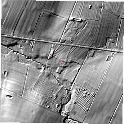 Shaded relief map of the ground around LE73RU, computed from Environment Agency LiDAR. The ground here sits at about 72 m above sea level and falls 24 m across the surrounding 800 m. Surface water reaching this point runs off ground lying to the north-east, 2.5 m higher.