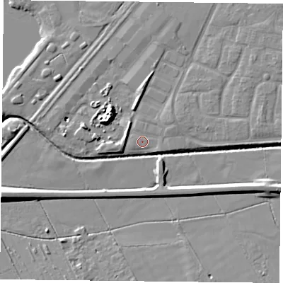 Shaded relief map of the ground around LE73SL, computed from Environment Agency LiDAR. The ground here sits at about 54 m above sea level and falls 11 m across the surrounding 800 m. Surface water reaching this point runs off ground lying to the east-north-east, 1.3 m higher.