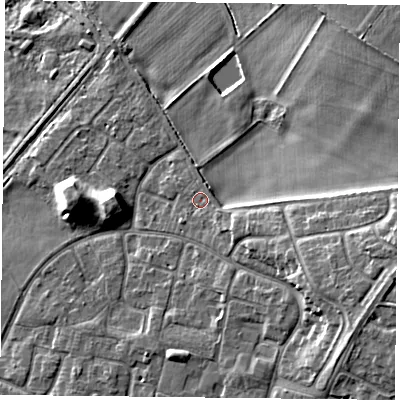 Shaded relief map of the ground around LE73WQ, computed from Environment Agency LiDAR. The ground here sits at about 56 m above sea level and falls 10 m across the surrounding 800 m. Surface water reaching this point runs off ground lying to the south-east, 2.2 m higher.