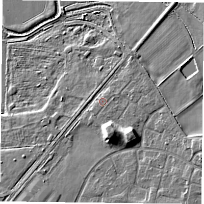Shaded relief map of the ground around LE73WX, computed from Environment Agency LiDAR. The ground here sits at about 56 m above sea level and falls 10 m across the surrounding 800 m. Surface water reaching this point runs off ground lying to the south-east, 0.8 m higher.