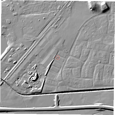 Shaded relief map of the ground around LE73XA, computed from Environment Agency LiDAR. The ground here sits at about 54 m above sea level and falls 12 m across the surrounding 800 m. Surface water reaching this point runs off ground lying to the east, 3.1 m higher.