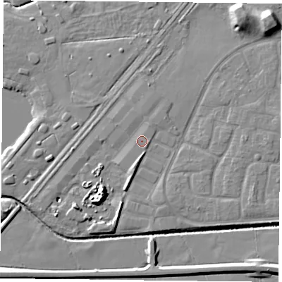 Shaded relief map of the ground around LE73XD, computed from Environment Agency LiDAR. The ground here sits at about 55 m above sea level and falls 12 m across the surrounding 800 m. Surface water reaching this point runs off ground lying to the south, 1.1 m higher.