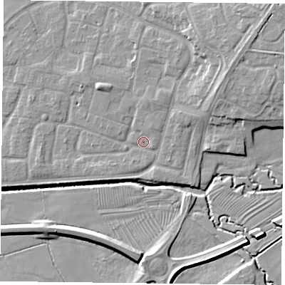 Shaded relief map of the ground around LE73XH, computed from Environment Agency LiDAR. The ground here sits at about 56 m above sea level and falls 11 m across the surrounding 800 m. Surface water reaching this point runs off ground lying to the north-east, 6.3 m higher.