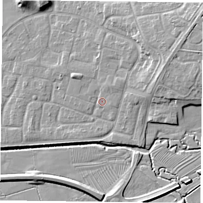 Shaded relief map of the ground around LE73XY, computed from Environment Agency LiDAR. The ground here sits at about 56 m above sea level and falls 11 m across the surrounding 800 m. Surface water reaching this point runs off ground lying to the north-east, 1.9 m higher.