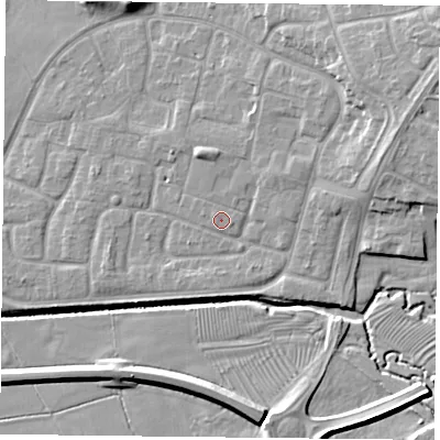 Shaded relief map of the ground around LE73ZD, computed from Environment Agency LiDAR. The ground here sits at about 56 m above sea level and falls 11 m across the surrounding 800 m. Surface water reaching this point runs off ground lying to the north-west, 0.9 m higher.