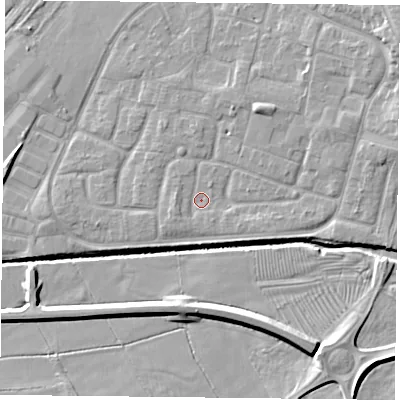 Shaded relief map of the ground around LE73ZE, computed from Environment Agency LiDAR. The ground here sits at about 55 m above sea level and falls 10 m across the surrounding 800 m. Surface water reaching this point runs off ground lying to the west-south-west, 1.0 m higher.