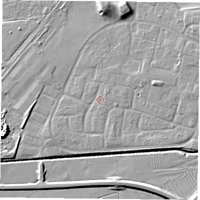 Shaded relief map of the ground around LE73ZG, computed from Environment Agency LiDAR. The ground here sits at about 55 m above sea level and falls 10 m across the surrounding 800 m. Surface water reaching this point runs off ground lying to the north-east, 1.7 m higher.