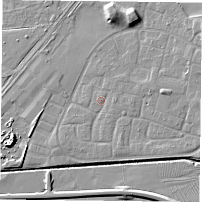 Shaded relief map of the ground around LE73ZH, computed from Environment Agency LiDAR. The ground here sits at about 55 m above sea level and falls 10 m across the surrounding 800 m. Surface water reaching this point runs off ground lying to the east-north-east, 1.6 m higher.