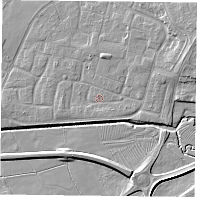 Shaded relief map of the ground around LE73ZJ, computed from Environment Agency LiDAR. The ground here sits at about 56 m above sea level and falls 10 m across the surrounding 800 m. Surface water reaching this point runs off ground lying to the east-north-east, 6.7 m higher.