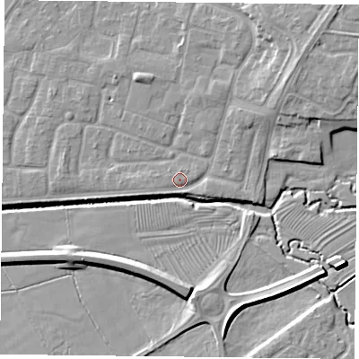 Shaded relief map of the ground around LE73ZL, computed from Environment Agency LiDAR. The ground here sits at about 56 m above sea level and falls 10 m across the surrounding 800 m. Surface water reaching this point runs off ground lying to the north-east, 6.3 m higher.