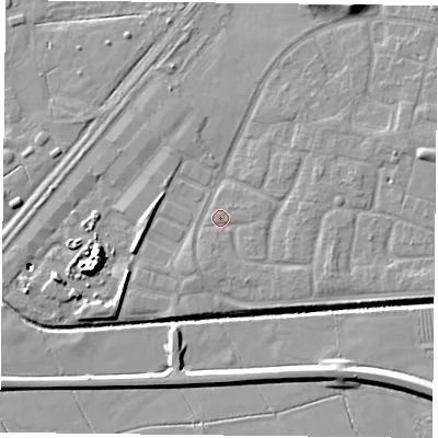 Shaded relief map of the ground around LE73ZN, computed from Environment Agency LiDAR. The ground here sits at about 55 m above sea level and falls 11 m across the surrounding 800 m. Surface water reaching this point runs off ground lying to the south-south-west, 1.3 m higher.