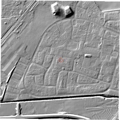 Shaded relief map of the ground around LE73ZP, computed from Environment Agency LiDAR. The ground here sits at about 55 m above sea level and falls 10 m across the surrounding 800 m. Surface water reaching this point runs off ground lying to the east-north-east, 1.0 m higher.