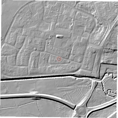 Shaded relief map of the ground around LE73ZQ, computed from Environment Agency LiDAR. The ground here sits at about 56 m above sea level and falls 10 m across the surrounding 800 m. The ground contributing surface water to this point lies to the north.