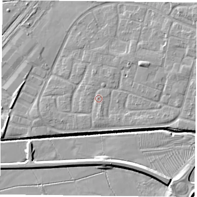 Shaded relief map of the ground around LE73ZR, computed from Environment Agency LiDAR. The ground here sits at about 55 m above sea level and falls 9 m across the surrounding 800 m. Surface water reaching this point runs off ground lying to the east-north-east, 3.3 m higher.