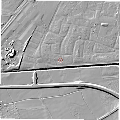 Shaded relief map of the ground around LE73ZT, computed from Environment Agency LiDAR. The ground here sits at about 55 m above sea level and falls 9 m across the surrounding 800 m. Surface water reaching this point runs off ground lying to the east, 0.5 m higher.