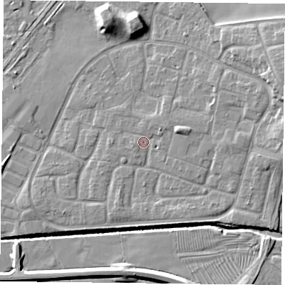 Shaded relief map of the ground around LE73ZU, computed from Environment Agency LiDAR. The ground here sits at about 56 m above sea level and falls 10 m across the surrounding 800 m. Surface water reaching this point runs off ground lying to the north-east, 1.7 m higher.