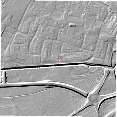 Shaded relief map of the ground around LE73ZW, computed from Environment Agency LiDAR. The ground here sits at about 55 m above sea level and falls 10 m across the surrounding 800 m. The ground contributing surface water to this point lies to the north-east.