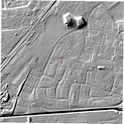 Shaded relief map of the ground around LE73ZX, computed from Environment Agency LiDAR. The ground here sits at about 55 m above sea level and falls 10 m across the surrounding 800 m. Surface water reaching this point runs off ground lying to the east, 1.1 m higher.