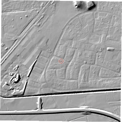 Shaded relief map of the ground around LE73ZZ, computed from Environment Agency LiDAR. The ground here sits at about 55 m above sea level and falls 10 m across the surrounding 800 m. Surface water reaching this point runs off ground lying to the east-north-east, 3.9 m higher.