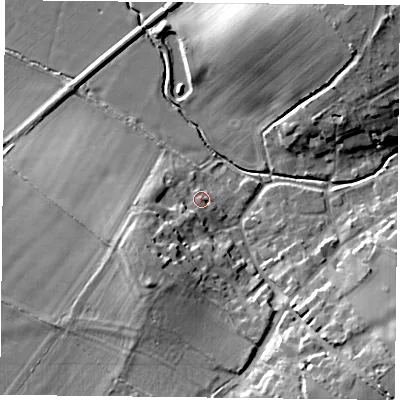 Shaded relief map of the ground around LE74AD, computed from Environment Agency LiDAR. The ground here sits at about 58 m above sea level and falls 15 m across the surrounding 800 m. Surface water reaching this point runs off ground lying to the south-west, 8.2 m higher.