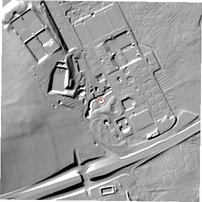 Shaded relief map of the ground around LE74PF, computed from Environment Agency LiDAR. The ground here sits at about 47 m above sea level and falls 28 m across the surrounding 800 m. Surface water reaching this point runs off ground lying to the west-south-west, 23.8 m higher.