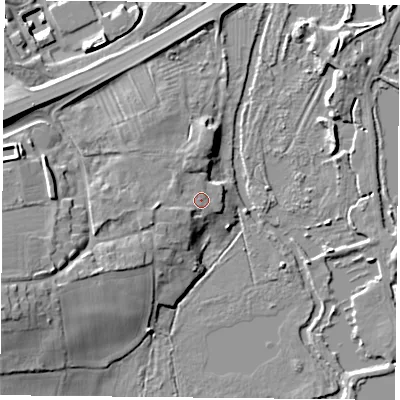 Shaded relief map of the ground around LE74PH, computed from Environment Agency LiDAR. The ground here sits at about 51 m above sea level and falls 12 m across the surrounding 800 m. Surface water reaching this point runs off ground lying to the west, 2.2 m higher.